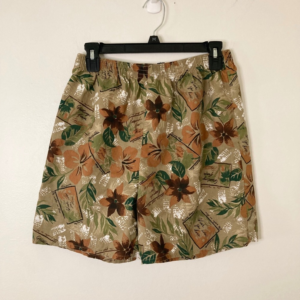 Basic Editions Vintage 90s Tropical Postcard Print Floral Shorts Tan Vacation S
